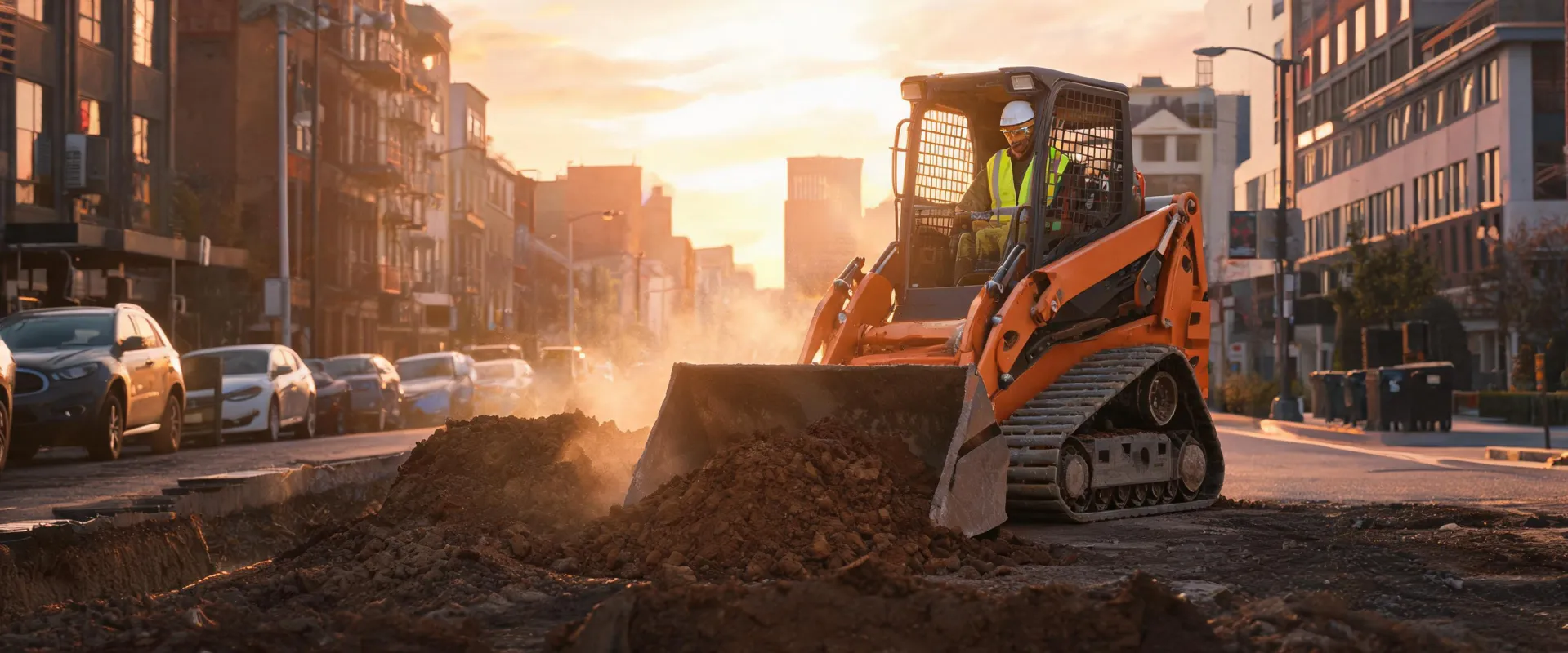 Bobcat compact track loader grading urban trench spoil