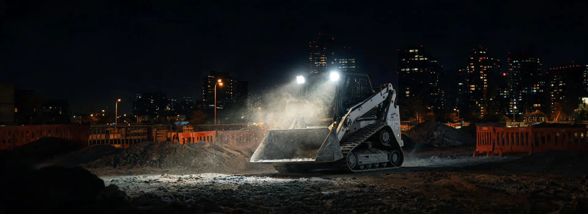 Night urban jobsite with compact loader headlights